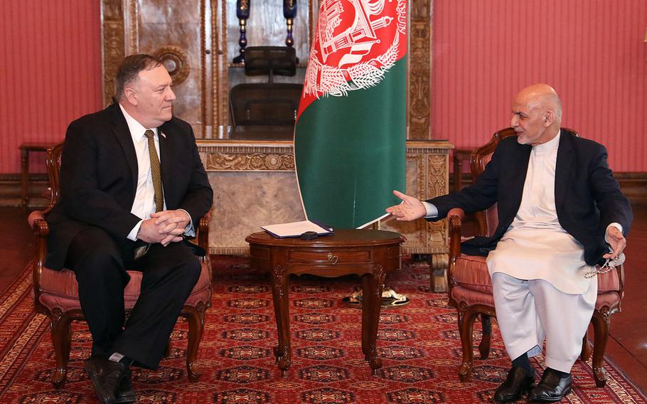 Secretary of State Mike Pompeo meets with Afghan President Ashraf Ghani in Kabul on Monday, March 22, 2020, after a number of setbacks delayed the Afghan peace process.

