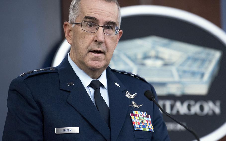 In an April 9, 2020 photo, Vice Chairman of the Joint Chiefs of Staff Gen. John E. Hyten speaks to reporters at the Pentagon.