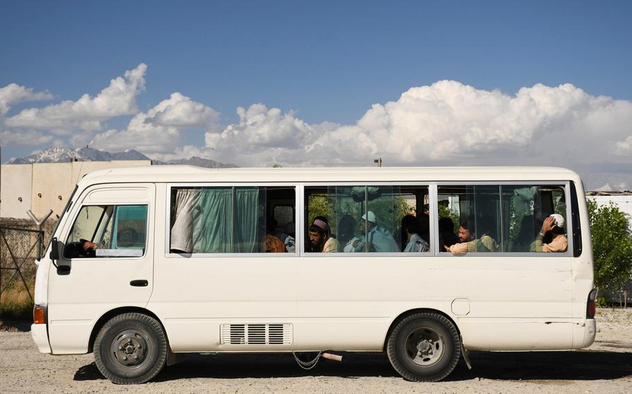 Recently freed Taliban prisoners leave Bagram prison on Tuesday, May 26, 2020. Over 900 Taliban inmates were released from detention facilities across Afghanistan on Tuesday in an effort to advance the peace process. 