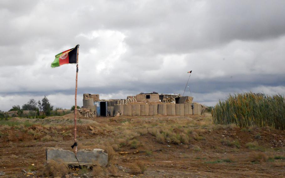 A checkpoint guarding a highway outside Lashkar Gah, in Helmand province, April 16, 2019. Hundreds have died after the Taliban launched an offensive in the area in mid-October, leading the U.S. to conduct airstrikes against the militants, officials and news reports said on October 14, 2020.
