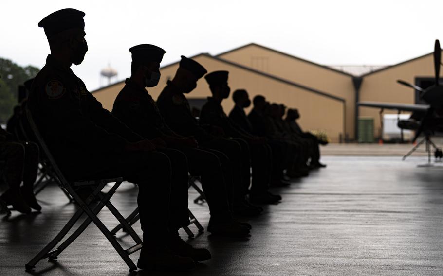 Afghan air force student pilots assigned to the 81st Fighter Squadron watch a graduation ceremony Nov. 13, 2020, at Moody Air Force Base, Ga. The class of Afghan A-29 Super Tucano student pilots will be the last to graduate in the U.S., the Air Force said. 

