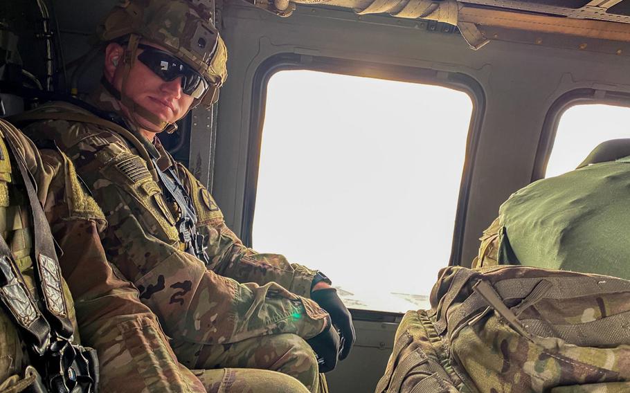 Capt. Kenneth Braun Stapley of the 1st Battalion, 32nd Infantry of the 10th Mountain Division flies to Kabul, Afghanistan, during a deployment in the spring of 2020. Peace talks, a pandemic and a drawdown brought him home after four months. 
