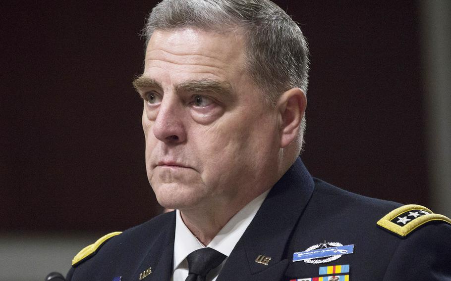 In an April, 2018 photo, Gen. Mark Milley listens to opening statements during a Senate Armed Services Committee hearing on Capitol Hill.