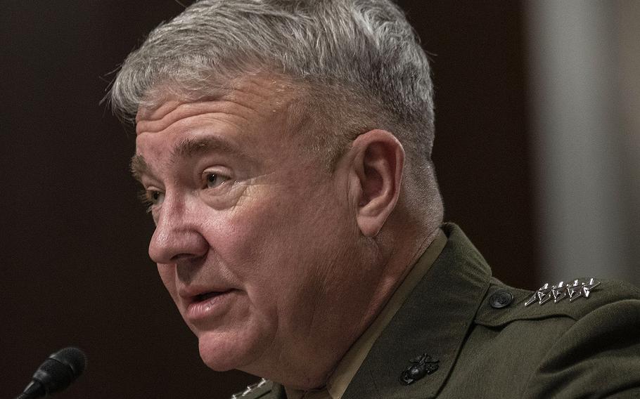 Gen. Kenneth F. McKenzie, Jr., commander of the United States Central Command, testifies at a Senate Armed Services Committee hearing on Capitol Hill, March 12, 2020.