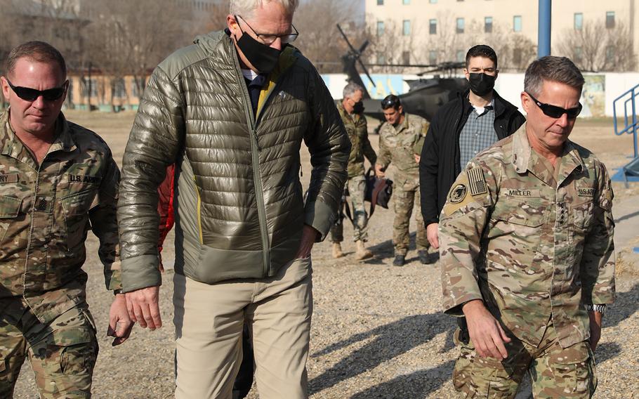 Acting Defense Secretary Christopher Miller is greeted at Resolute Support Headquarters in Kabul by its commander, Army Gen. Scott Miller, Dec. 22, 2020. Secretary Miller visited Afghanistan to discuss the ongoing support for the country's security as well as learn more about the drawdown efforts of troops.