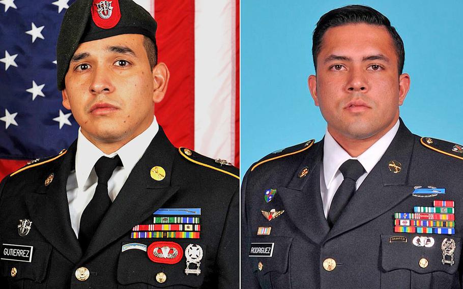 Sgt. 1st Class Javier J. Gutierrez, left, and Sgt. 1st Class Antonio R. Rodriguez, both 28, were killed in an apparent insider attack in eastern Nangarhar province on Feb. 8, 2020. 

