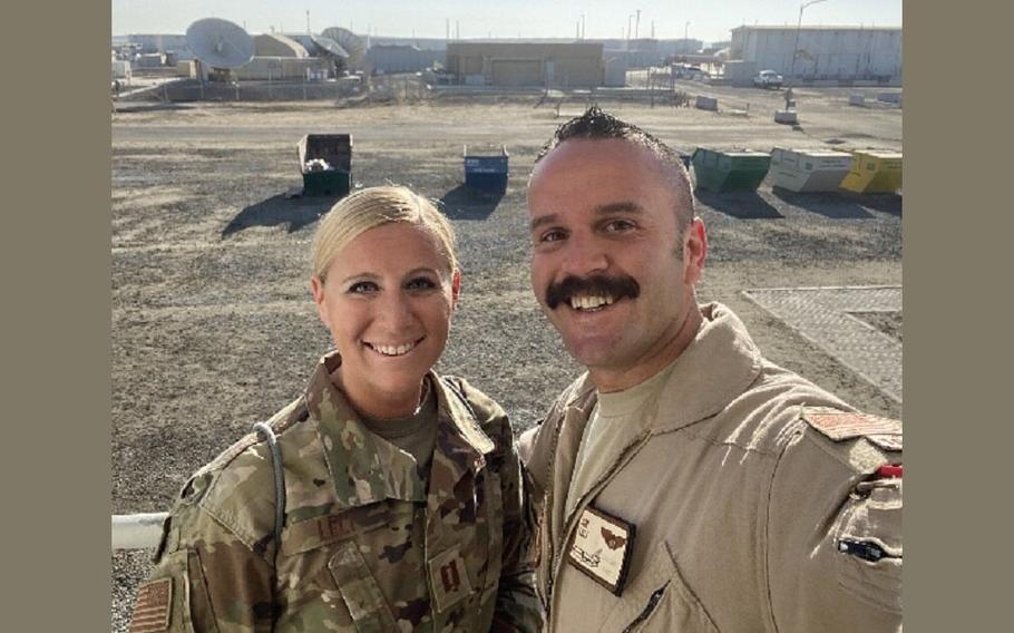 Air Force Capt. Kelliann Leli, left, is shown in an undisclosed location with her husband, Capt. Jimmy Leli, in the last picture of them together. Kelliann Leli, a medical doctor, died Nov. 27 in a noncombat-related vehicle accident at Al Dhafra Air Base, United Arab Emirates. 

