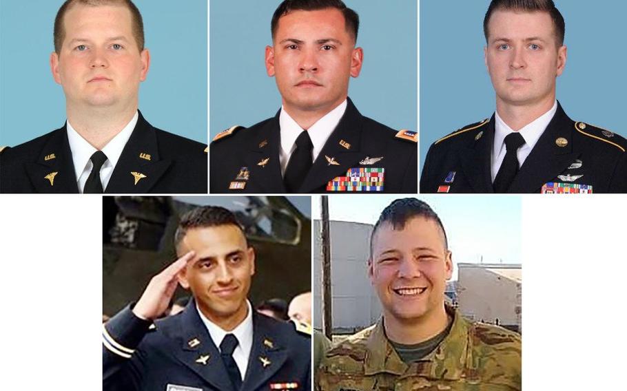 Five U.S. service members died in a helicopter crash on Nov. 12 while serving with an international peacekeeping mission in Egypt. They are, top row from left, Capt. Seth Vernon Vande Kamp, Chief Warrant Officer 3 Dallas Gerald Garza,  Staff Sgt. Kyle Robert McKee. Bottom row from left:  Chief Warrant Officer 2 Marwan Sameh Ghabour and Sgt. Jeremy Cain Sherman. 