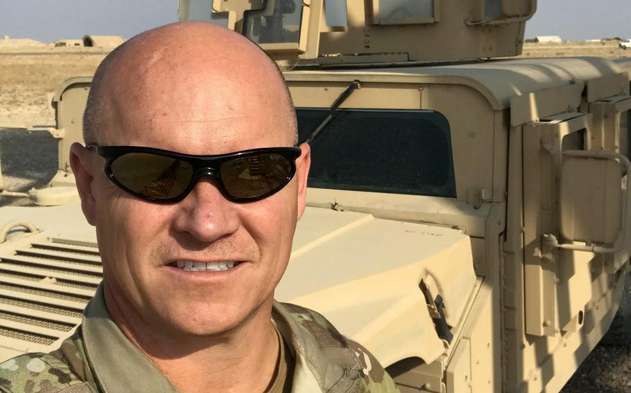 Senior Master Sgt. Rick Johnson, 69th Aerial Port Squadron operations flight chief, poses for a photo while on deployment to Baghdad, Iraq. Johnson was recently awarded the Bronze Star and Air Force Commendation Medal for his heroic efforts and meritorious achievement while deployed in support of Operation Inherent Resolve. 

