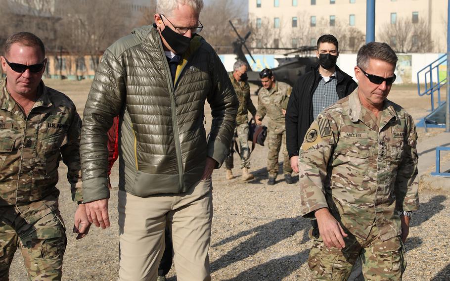 Acting Defense Secretary Christopher Miller is greeted at Resolute Support Headquarters in Kabul by its commander, Army Gen. Scott Miller, on Dec. 22, 2020. Miller visited Afghanistan to discuss the ongoing support for the country's security as well as learn more about the drawdown efforts of troops.