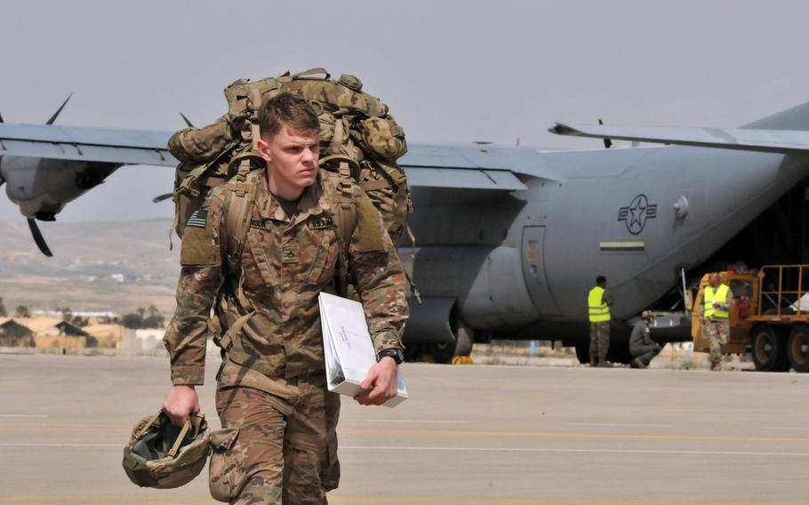 A U.S. Army soldier with the Vicenza, Italy-based 173rd Airborne Brigade disembarks a C-130 Hercules at Nevatim Air Base, Israel, in 2019. Israel now falls under the responsibility of  U.S. Central Command, taking over a job that for decades was the task of U.S. European Command, The Wall Street Journal reported Jan. 15, 2021.