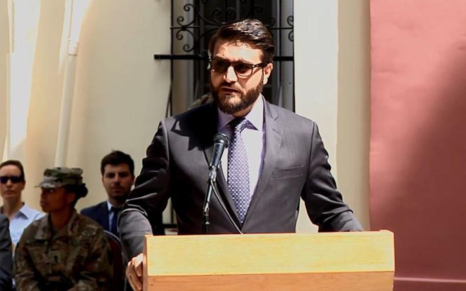 In this screenshot, Afghanistan National Security Adviser Hamdullah Mohib speaks at a NATO Resolute Support change of command ceremony in Kabul, Afghanistan in September 2018. Hundreds of Taliban prisoners released under the U.S.-Taliban peace deal have been rearrested after rejoining the insurgency, Mohib said.

