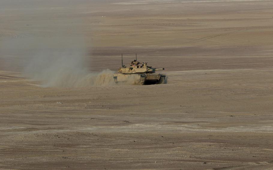 An M1 Abrams tank maneuvers during exercises between American and Emirati forces in Abu Dhabi, UAE. The exercise, which ran from Jan. 21 â€“ Feb. 5, 2021, was the first bilateral military exercise in the Gulf region since the start of the coronavirus pandemic. 
