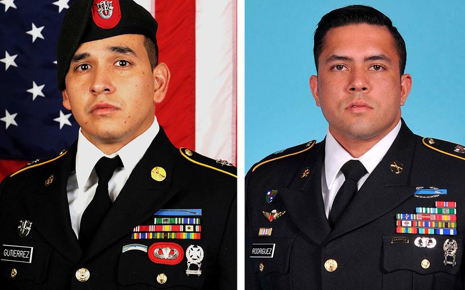 Sgts. 1st Class Javier J. Gutierrez, left, and Antonio R. Rodriguez, who died in Afghanistan a year ago, were the last U.S. service members to be killed in combat in the country as of Feb 8, 2021. 

