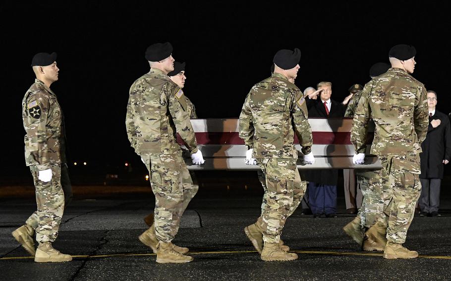 A U.S. Army carry team transfers the remains of Sgt. 1st Class Javier J. Gutierrez, of San Antonio, Texas, at Dover Air Force Base, Del., Feb. 10, 2020. Gutierrez was killed in eastern Nangarhar province, Afghanistan, on Feb. 8, 2020, one of the last two American troops to die in combat in the country.

