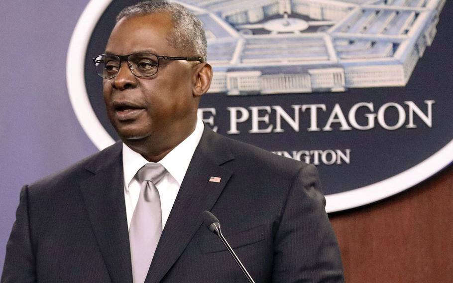 Defense Secretary Lloyd Austin speaks during a news briefing at the Pentagon on Feb. 19, 2021.