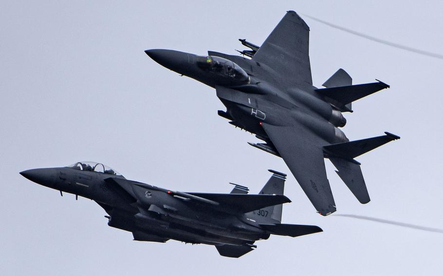 In a Feb. 19, 2021 photo, F-15E Strike Eagles assigned to the 492nd Fighter Squadron return from a training sortie at Royal Air Force Lakenheath, England. Similar aircraft conducted a raid on facilities in Syria used by Iranian-backed militias Thursday night.