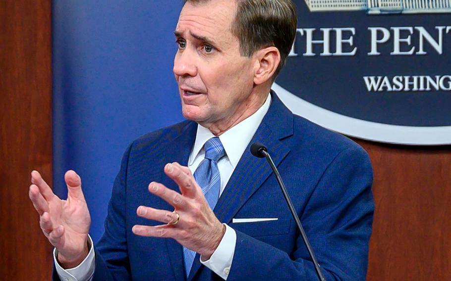 Pentagon Press Secretary John F. Kirby holds a news briefing at the Pentagon on March 1, 2021.