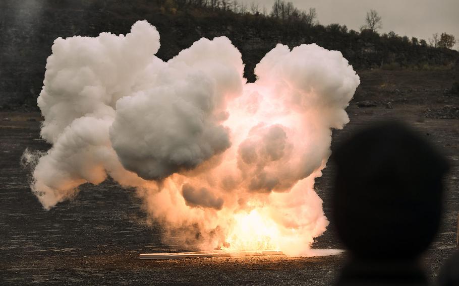 Explosives detonate during a class led by the FBI at a rock quarry in Jamesville, N.Y., in October 2020. Even small explosions may change the molecular structure of the brain and increase the risk of Alzheimer’s disease, Army-funded researchers said in a paper published by the journal Brain Pathology, Feb. 25, 2021.
