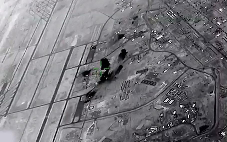 Smoke rises following an Iranian ballistic missile strike on al Asad Air Base, Iraq, Jan. 8, 2020, in a screenshot from a video released recently by the U.S. military.