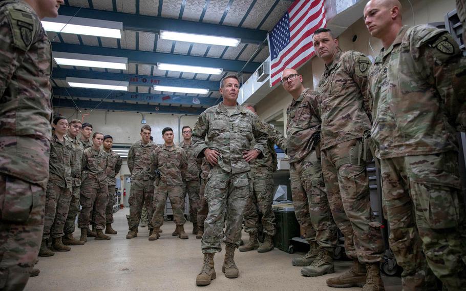 Gen. Scott Miller visits U.S. medical personnel in Jalalabad, Afghanistan, in October 2019. Scammers are using Miller's likeness and photos to create fake social media profiles, a U.S. Forces - Afghanistan spokesman said March 16, 2021.  