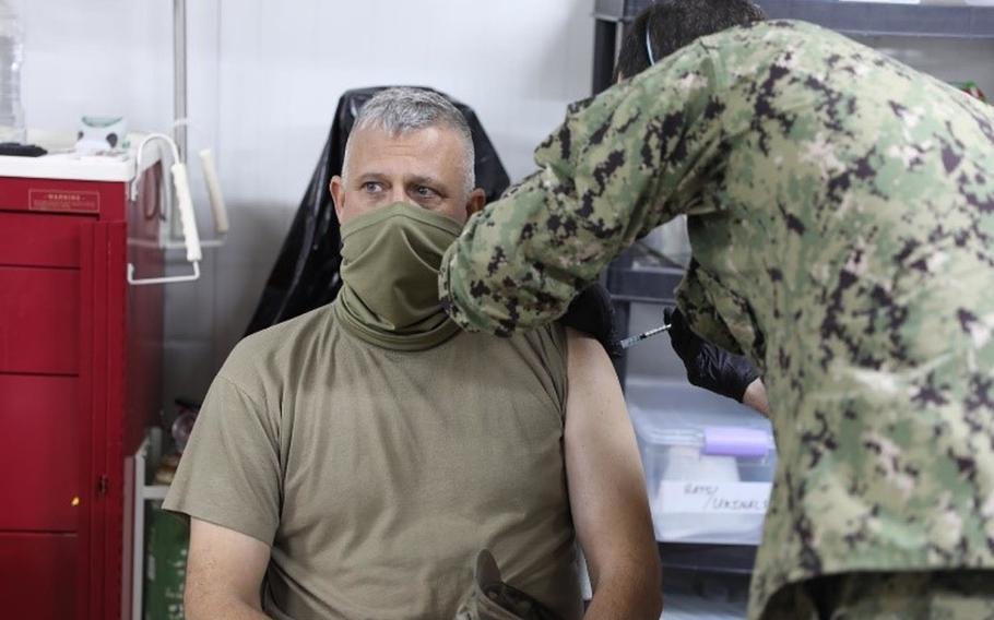 U.S. Army Col. Scott Desormeaux receives a coronavirus vaccine at Erbil Air Base, Iraq on Jan. 18, 2021. U.S. Central Command has shipped both the Moderna and Johnson & Johnson vaccines to the Middle East and expects 26,000 more Johnson & Johnson doses by the end of March, officials said. 


