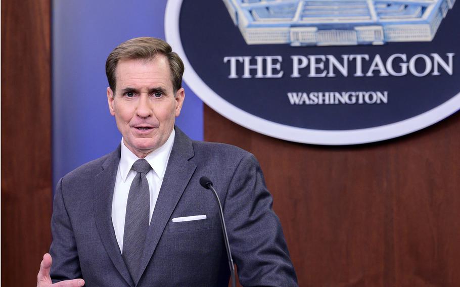 Pentagon spokesman John Kirby, shown here during an April press conference, condemned a Taliban rocket attack on Kandahar Airfield in Afghanistan on Wednesday. The attack did not injure any U.S. troops.

