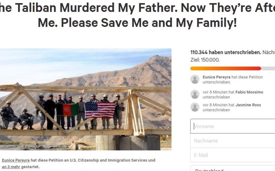 A petition asks for support for the family of an Afghan man who worked for the U.S. Embassy and military, and was likely killed by the Taliban. The man had been waiting almost a decade for a Special Immigrant Visa, which would have allowed him and his family to immigrate to the United States.

