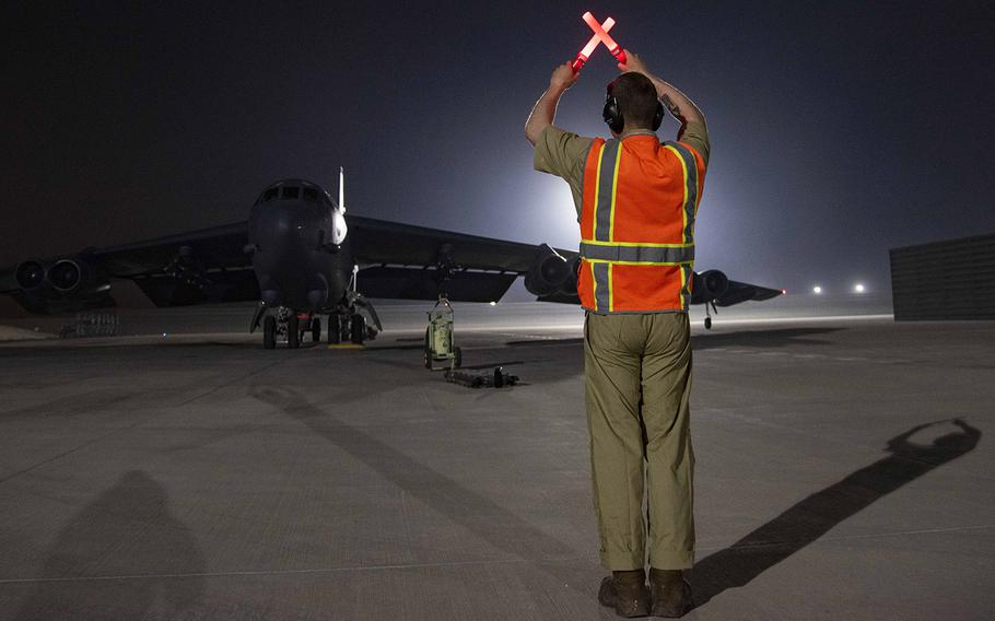 A B-52H Stratofortress assigned to the 5th Bomb Wing, Minot Air Force Base, N.D., arrives at Al Udeid Air Base, Qatar, on April 26, 2021. Two B-52 aircraft arrived April 26, joining the additional B-52 bombers that arrived April 23. The bombers are deployed to protect U.S. and coalition forces as they conduct drawdown operations from Afghanistan.