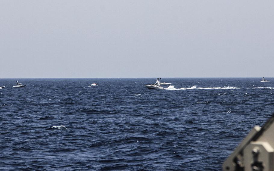 Two Iranian Islamic Revolutionary Guard Corps Navy (IRGCN) fast in-shore attack craft (FIAC), a type of speedboat armed with machine guns, conducted unsafe and unprofessional maneuvers while operating in close proximity to U.S. naval vessels transiting the Strait of Hormuz, May 10, 2021.