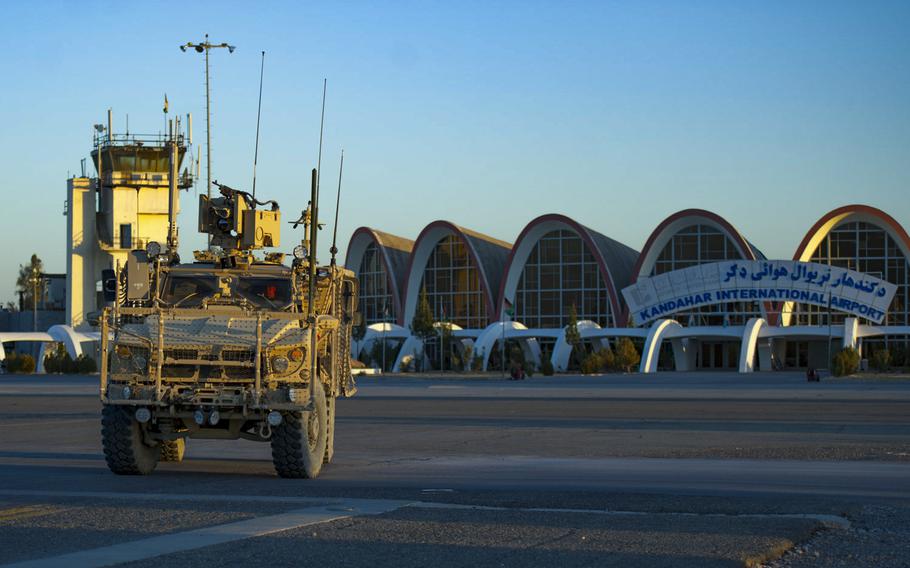 A Mine Resistant Ambush Protected vehicle, used by the 451st Expeditionary Support Squadron Security Forces Flight, turns around at Kandahar International Airport, Afghanistan, Jan. 20, 2016. U.S. forces this week left Kandahar Airfield, home of the international airport, Afghan officials said. 


