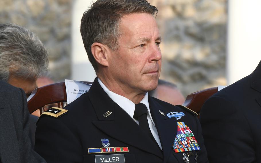 Gen. Scott Miller, the top U.S. commander in Afghanistan, attends a ceremony in Kabul on Feb. 29, 2020. Miller held talks with the Taliban in Qatar on Friday amid setbacks to the country's peace process. 