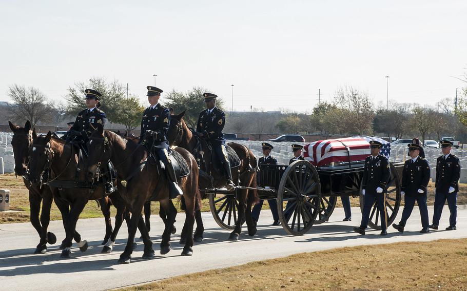 The Army North Caisson Platoon Memorial Guard escorts U.S. Army Sgt. 1st Class Javier J. Gutierrez, a member of the 3rd Battalion, 7th Special Forces Group, to his final resting place at the Fort Sam Houston National Cemetery Feb. 22, 2020. As of Saturday, Gutierrez and Army Sgt. 1st Class Antonio Rey Rodriguez were the last Americans to die in combat in Afghanistan.
