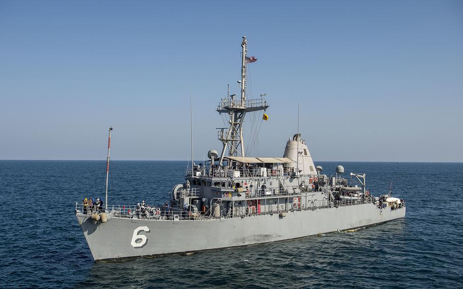 USS Devastator, a mine countermeasures ship, had a fire on board March 14, 2019.