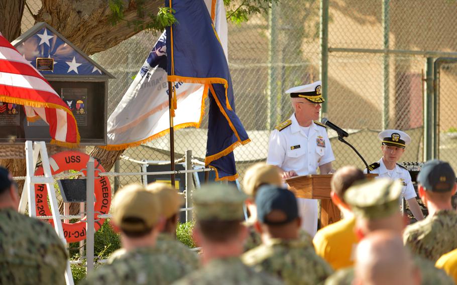 Vice Adm. James Malloy, U.S. 5th Fleet commander, speaks at a memorial ceremony for the USS Firebolt at Naval Support Activity Bahrain on April 24, 2019.
