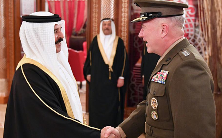 King Hamad bin Isa Al-Khalifa of Bahrain welcomes U.S. Central Command Gen. Kenneth McKenzie Jr. at Al-Safriya Palace, Bahrain, on Aug. 19, 2019. During the visit, Bahrain announced they would join the U.S.-led coalition to protect maritime navigation in the region. 
