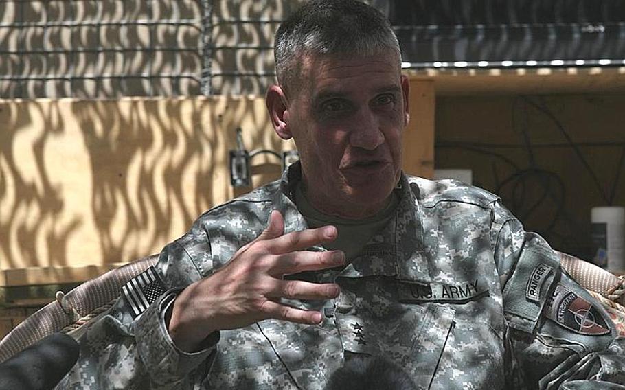 Lt. Gen. David Rodriguez, joint operations commander of the war in Afghanistan, sat with reporters Friday at Combat Outpost Senjarayin  Kandahar province.