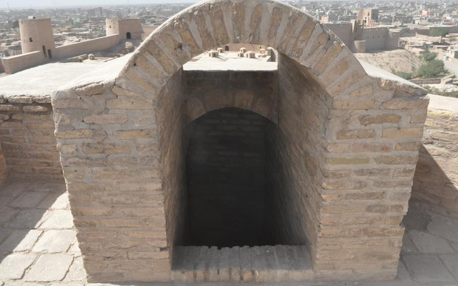 A stairwell leads down from the top of a corner tower at the Citadel of Herat, a massive fortress in downtown Herat that dates to the 15th century and has been recently restored with the help of $1.2 million in U.S. aid.
