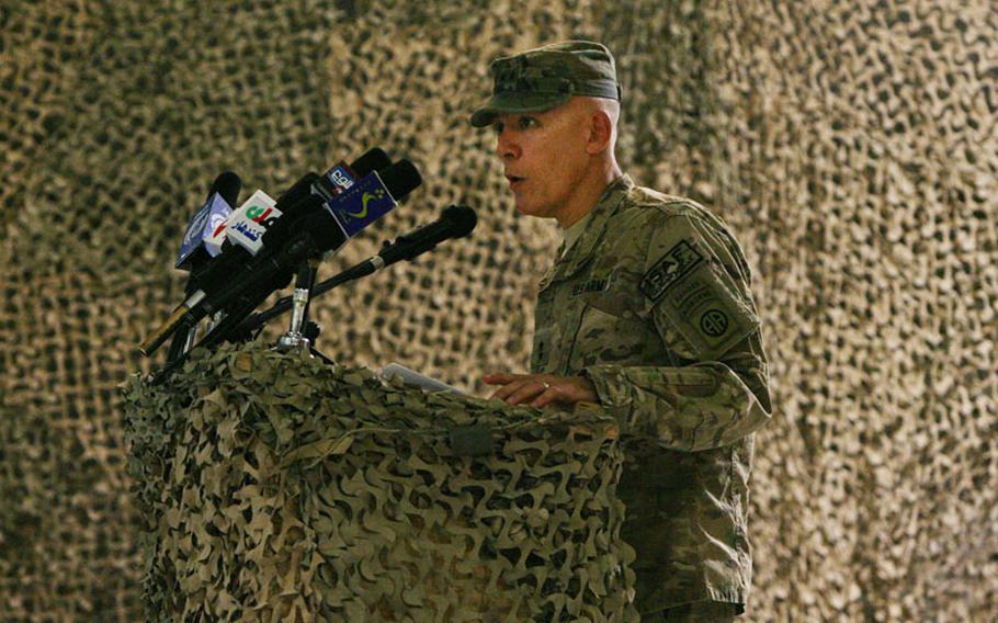 Regional Command-South Commanding General, Maj. Gen. James L. Huggins Jr., speaks during a Sept. 2 Transfer of Authority ceremony at Kandahar Airfield, Afghanistan. Huggins, of the 82nd Airborne Division, transferred authority of RC-South to Maj. Gen. Robert B. Abrams of the 3rd Infantry Division.