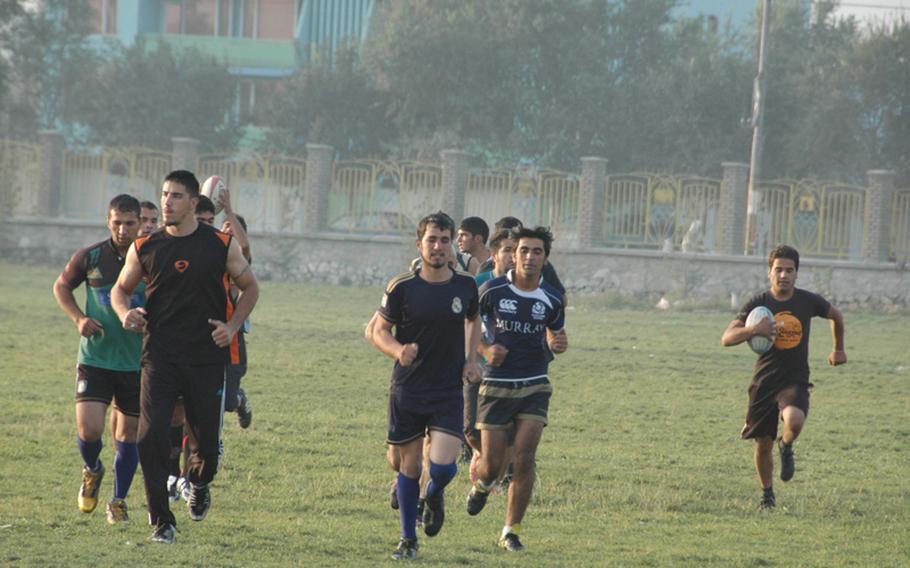 Players from Kabul United Rugby Club train at Chaman-i-Huzuri park in Kabul on Sunday.