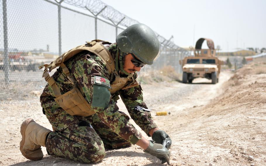 Afghan Lt. Omed Khan, an explosive ordnance disposal team leader, works to disarm a simulated bomb during training at Forward Operating Base Eagle in Zabul province, Afghanistan. U.S. troops from the 162nd Explosive Ordnance Disposal Company from nearby FOB Apache are conducting the training.  Khan is with the 2nd Brigade, 205th Core, Route Clearance Company of the Afghan National Army.