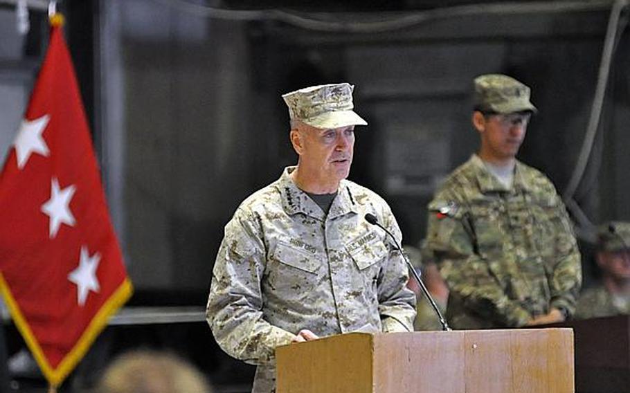 Gen. Joseph Dunford, commander of the International Security Assistance Force, spoke at a ceremony at which U.S. Army Lt. Gen. Mark Milley took over as commander of ISAF Joint Command and deputy commander of U.S. Forces-Afghanistan.