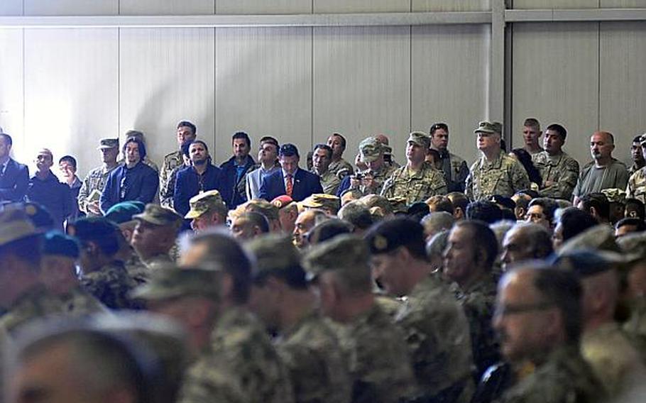 Coalition and Afghan forces attend the change of command ceremony at which Lt. Gen. James Terry relinquished his post as commander of ISAF Joint Command and deputy commander of U.S. Forces-Afghanistan to Lt. Gen. Mark Milley.