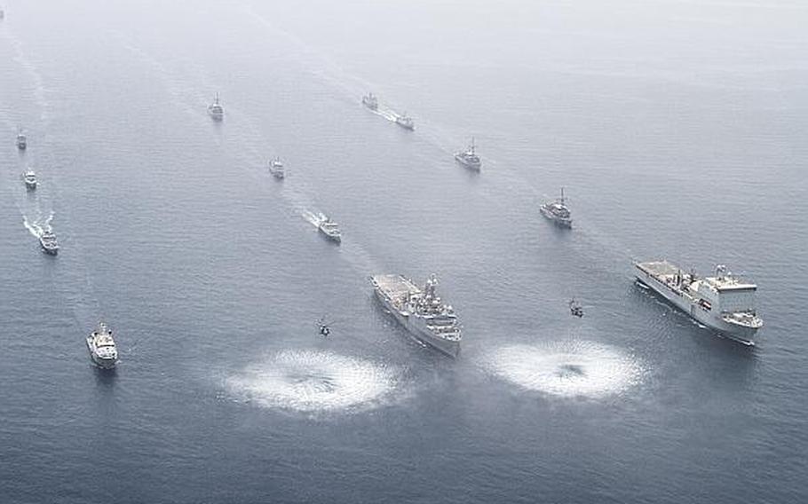 Ships from various countries participate on May 19, 2013, in the international mine countermeasures exercise in the Persian Gulf.

Hendrick Simoes/Stars and Stripes
