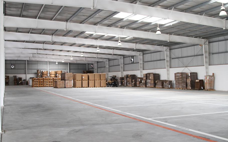 One of two covered warehouses at the new Defense Logistics Agency distribution center in Bahrain that encompasses a total of five warehouses, three of them climate controlled. Most of the 297,000 square feet of space at the new center is mostly empty, but officials say that is about to change as plans are underway to stock more parts for ships, aircraft and equipment of U.S. military forces in the region.