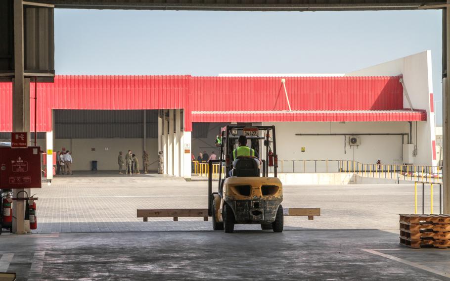 One of two covered warehouses at the new Defense Logistics Agency distribution center in Bahrain that encompasses a total of five warehouses, three of them climate controlled. Plans call for it to stock more parts for ships, aircraft and equipment of U.S. military forces in the region.
