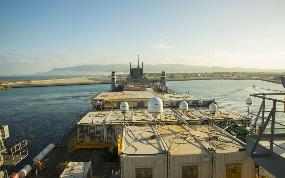 The MV Cape Ray enters the Medcenter Container Terminal Italian port July 1, 2014 to receive Syrian chemical materials. The Cape Ray is neutralizing the chemical materials in the Mediterranean Sea.