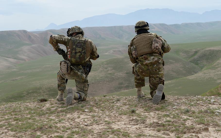 A Georgian soldier watches the perimeter during an air-assault drill in northern Afghanistan, March 31, 2015. Taliban fighters launched a massive assault against Afghan army units in the north on Friday. 

Carlo Munoz/Stars and Stripes