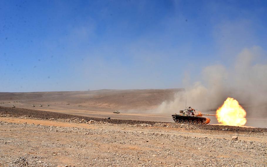 A Jordanian tank fires its gun on the Wadi Shadiya training range in Jordan on May 16, 2015, as part of a rehearsal for a military demonstration scheduled two days later before Jordanian and American officials. The event is the culmination of the exercise Eager Lion, which is held annually in Jordan to signal U.S. support for the key Middle East ally.