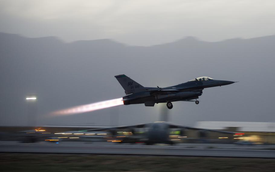 An F-16 Fighting Falcon from the 555th Expeditionary Fighter Squadron takes off from Bagram Air Field, Afghanistan, June 8, 2015.